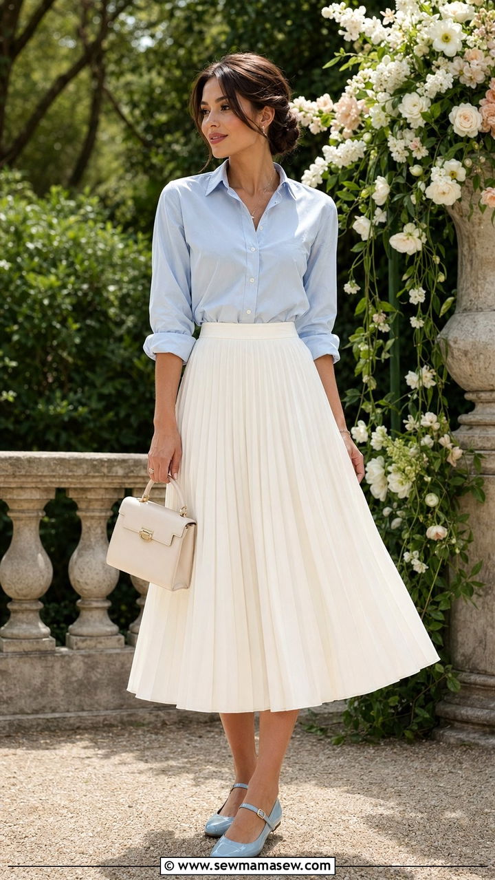 Pleated Skirt with Button Down and Mary Janes Outfit - 35 pleated skirt outfit ideas for women
