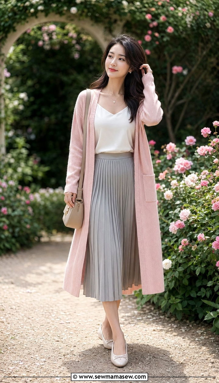 Pleated Skirt with Cardigan and Ballet Flats Outfit - 35 pleated skirt outfit ideas for women