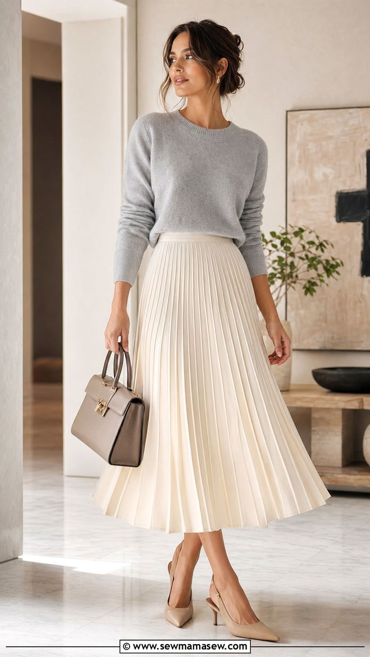 Pleated Skirt with Cashmere Sweater and Slingback Heels - 35 pleated skirt outfit ideas for women