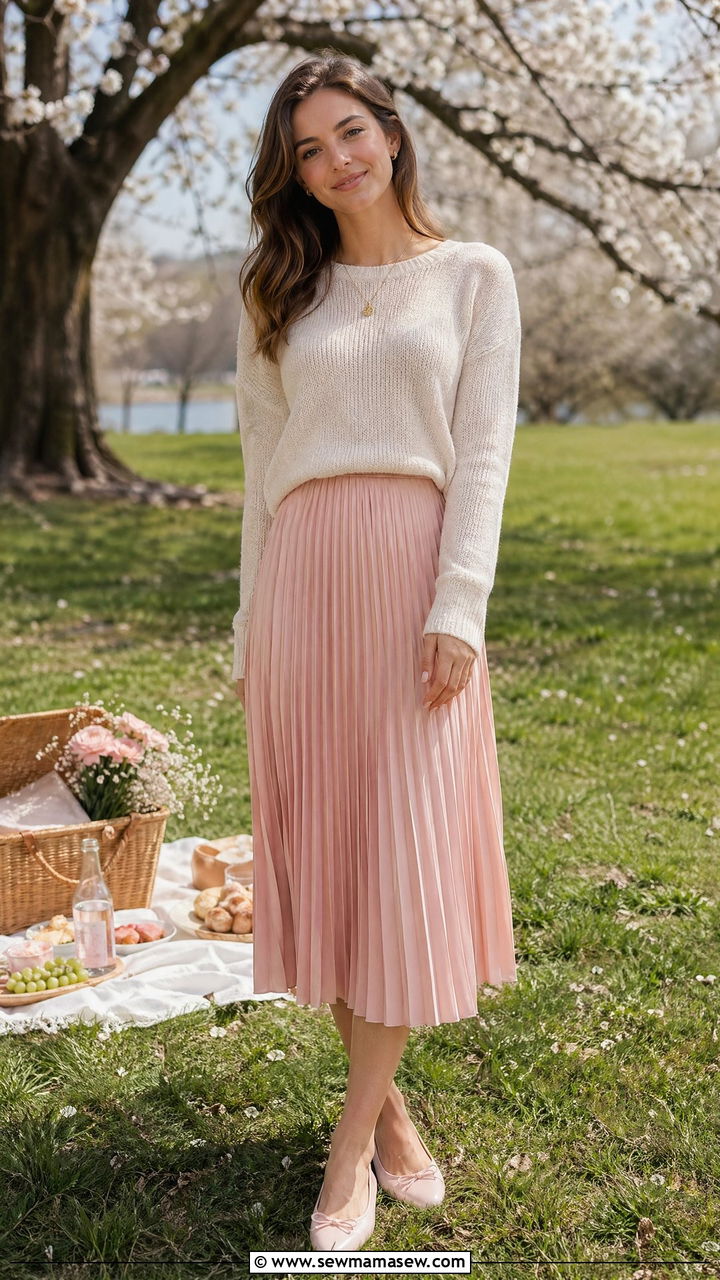 Pleated Skirt with Lightweight Sweater - 35 Spring picnic outfit ideas