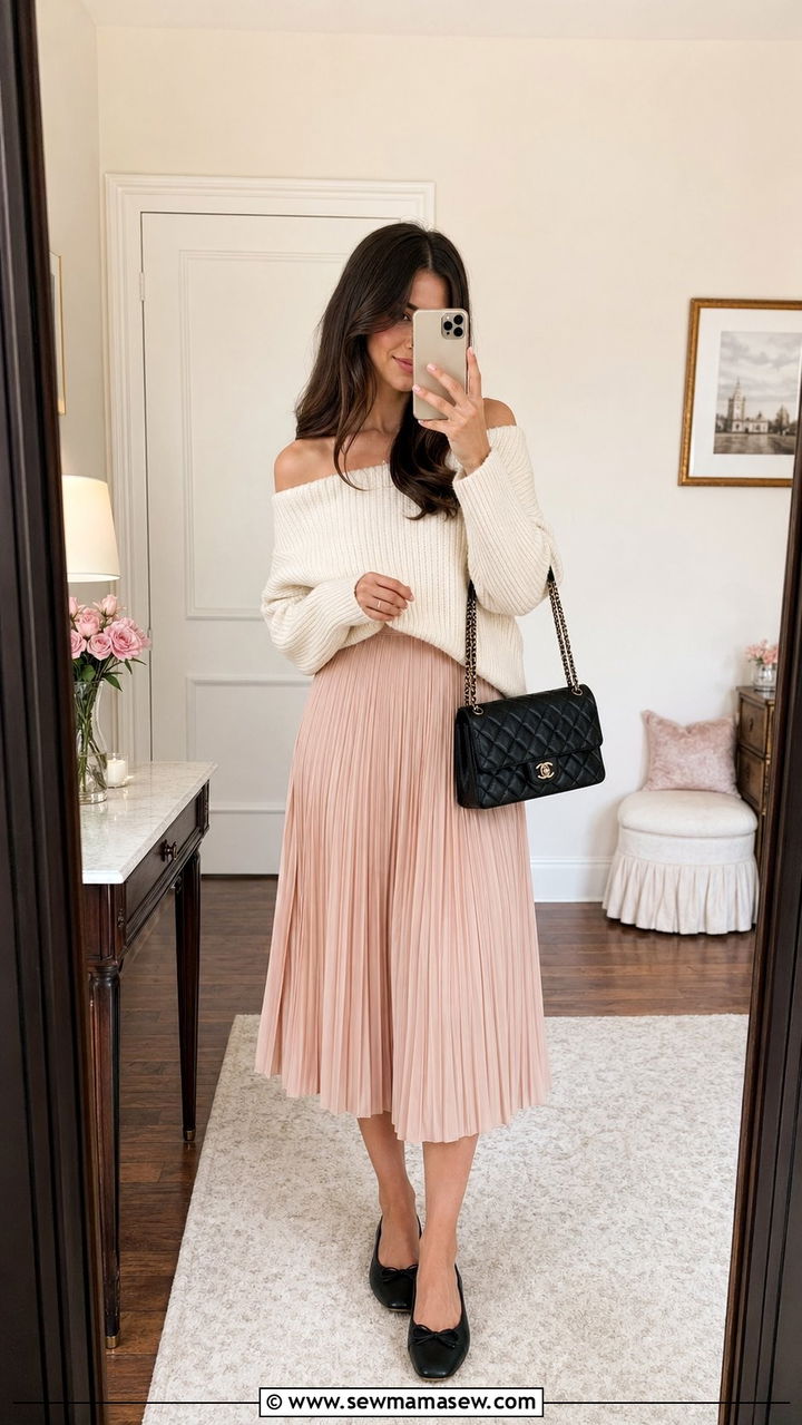 Pleated Skirt with Off the Shoulder Sweater and Ballet Flats - 35 pleated skirt outfit ideas for women