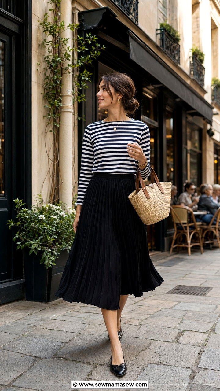 Pleated Skirt with Striped Shirt and Ballet Flats Outfit - 35 pleated skirt outfit ideas for women
