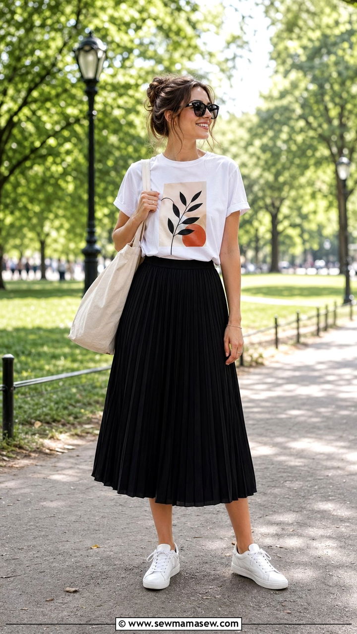 Pleated Skirt with T Shirt and Sneakers Outfit - 35 pleated skirt outfit ideas for women
