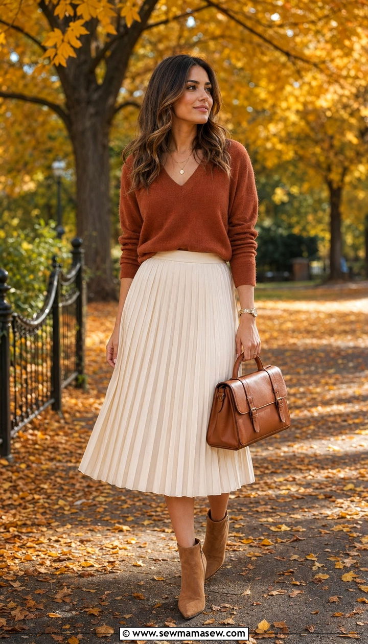Pleated Skirt with V Neck Sweater and Ankle Boots - 35 pleated skirt outfit ideas for women