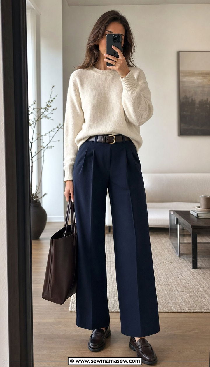 Pleated Trousers with Cashmere Sweater - 30 work outfits ideas