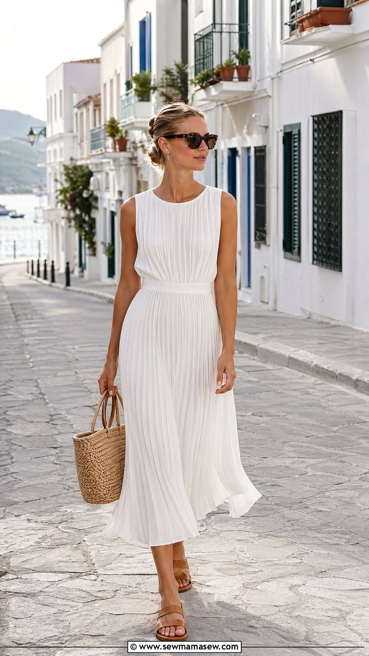 Pleated White Dress with Basket Bag Beach Look - 35 classy beach vacation outfit ideas