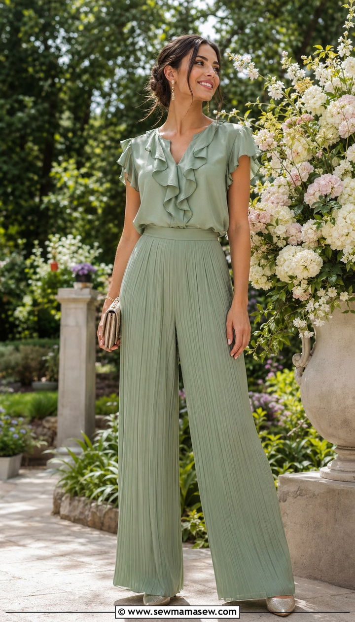 Pleated Wide Leg Trousers And Ruffled Blouse Outfit - 30 Wedding guest outfits with pants
