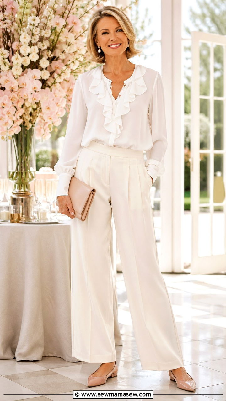 Pleated Wide Leg Trousers With Ruffled White Blouse Spring Outfit Over 50 - 30 Spring capsule wardrobe over 50