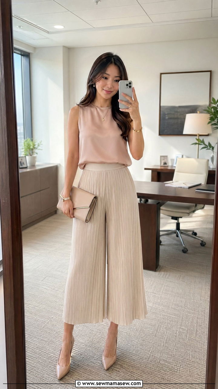 Pleated culottes with silk shell summer office outfit - 35 Summer work outfits