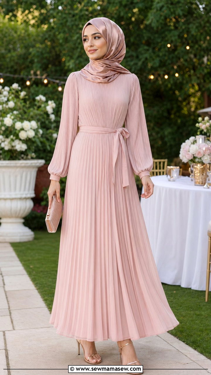 Pleated maxi dress and metallic hijab outfit - 35 Modest outfit ideas with hijab