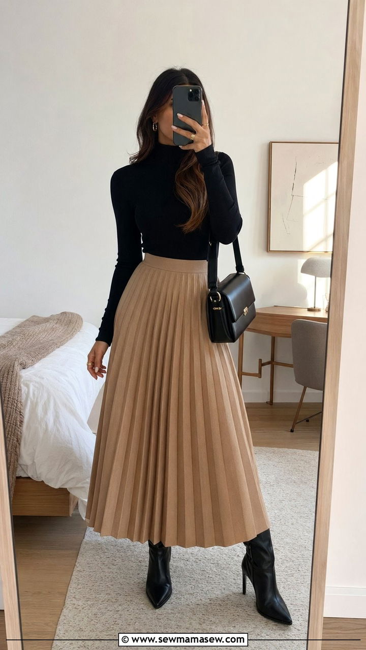 Pleated maxi skirt and fitted turtleneck - 30 Back to school outfit ideas for college 2026