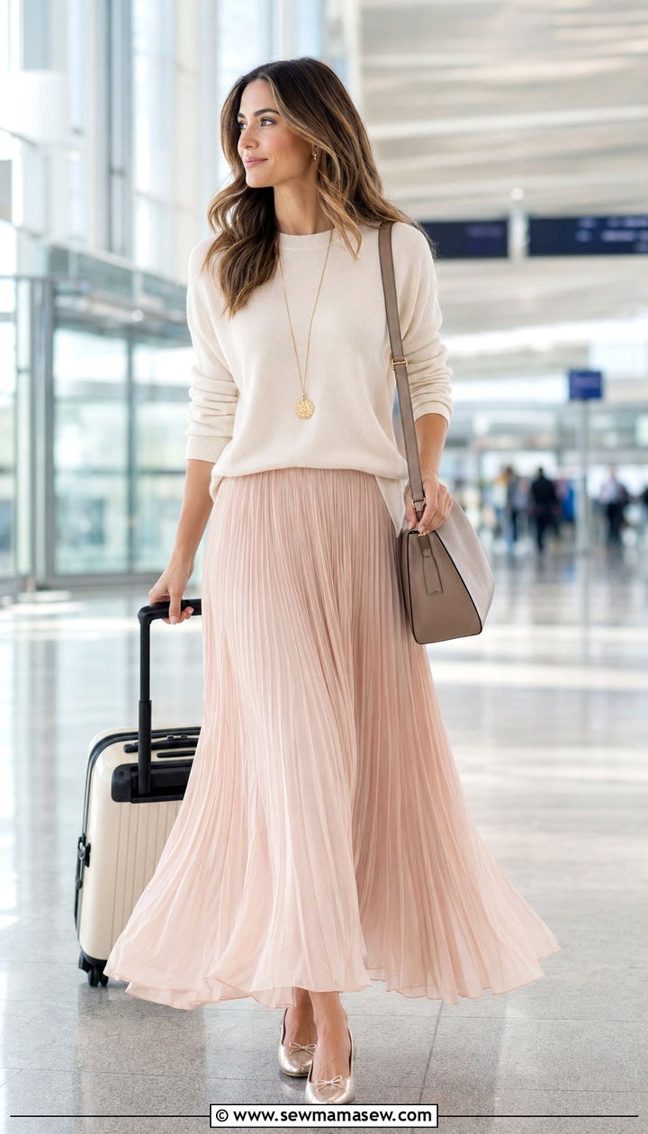 Pleated maxi skirt with knit top and ballet flats - 30 Airport outfit ideas with ballet flats