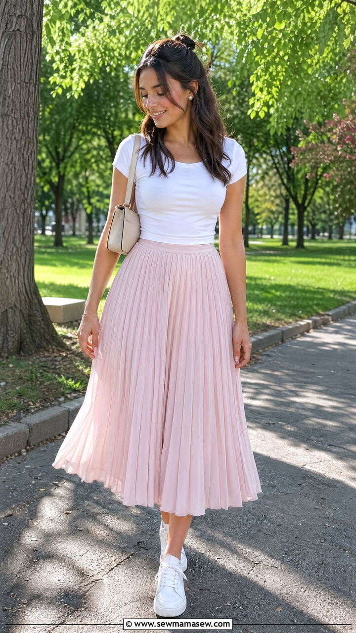Pleated midi skirt and baby tee outfit - 35 Clean girl summer outfits