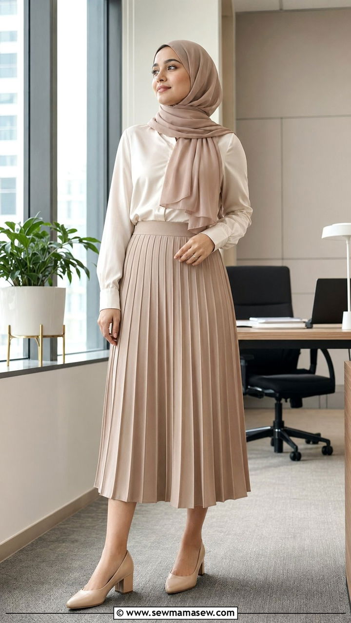 Pleated midi skirt and blouse hijab outfit - 35 Modest outfit ideas with hijab