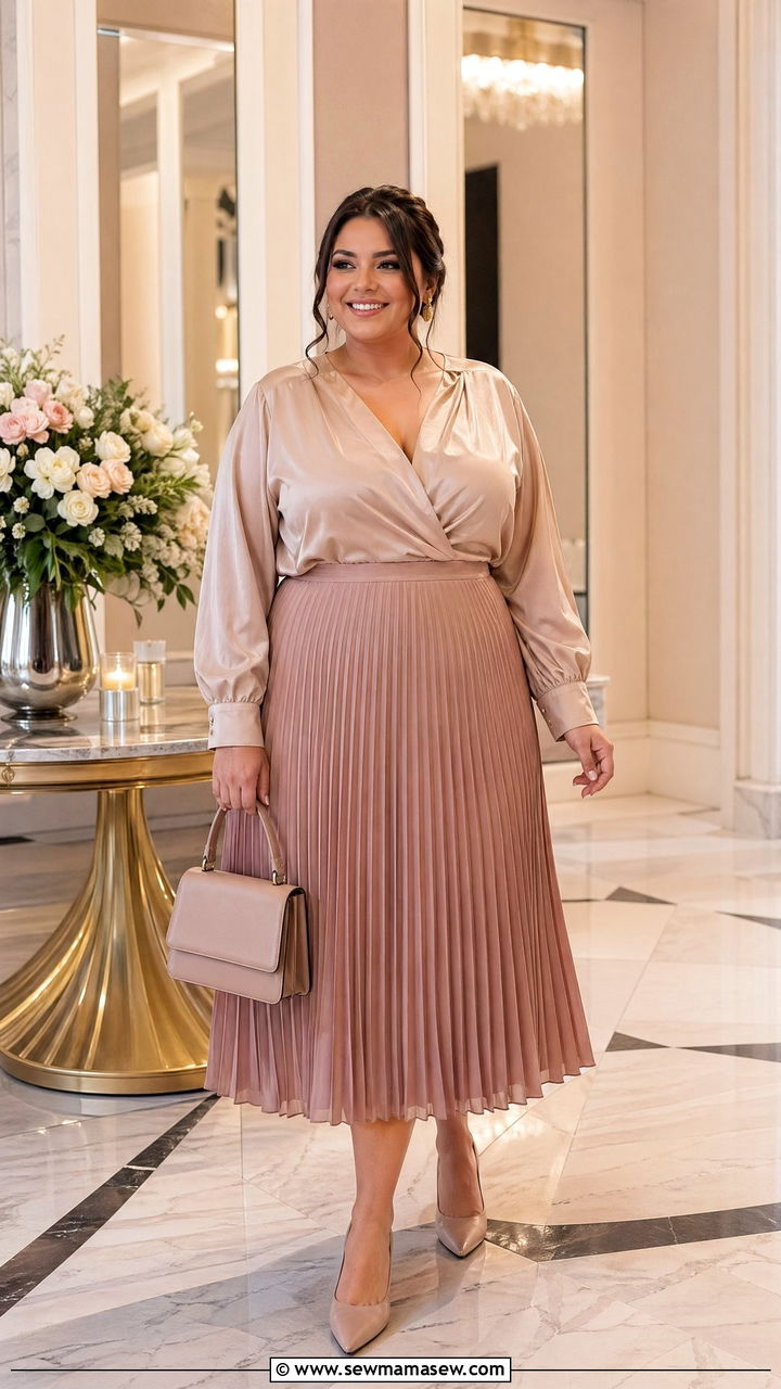 Pleated midi skirt and blouse outfit - 35 Curvy girl wedding guest outfits
