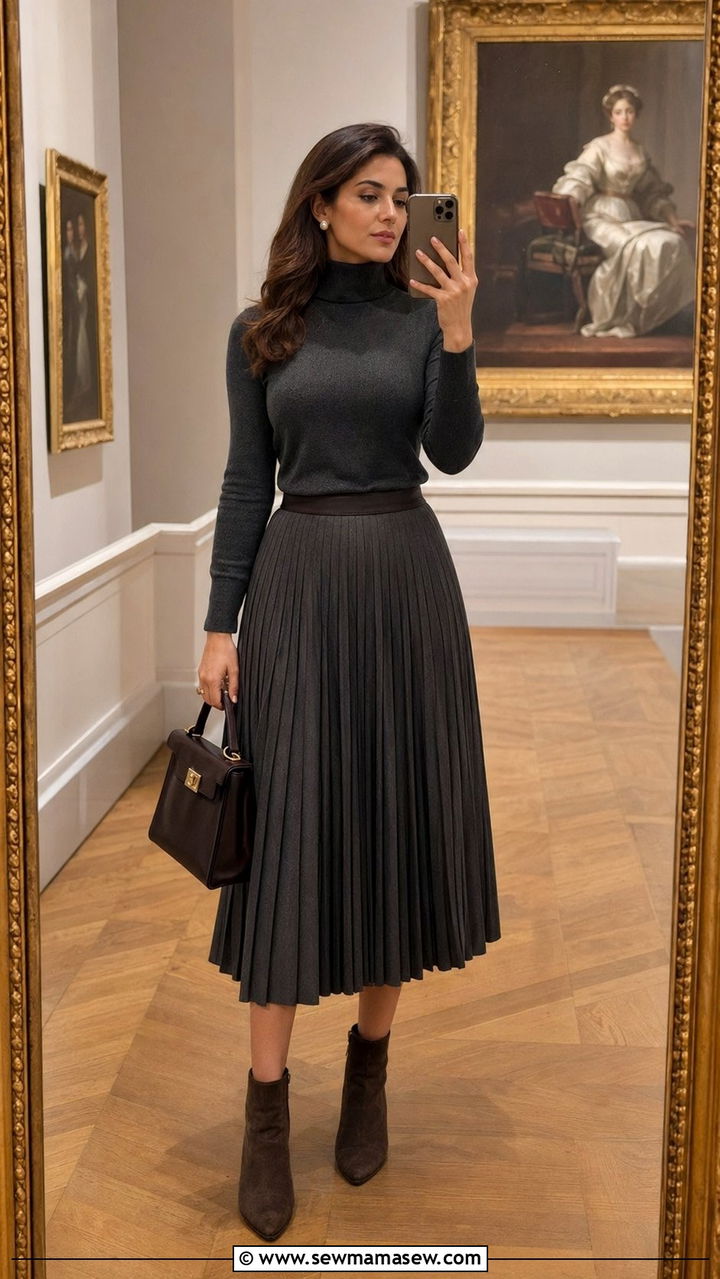 Pleated midi skirt and fitted turtleneck - 35 Museum visit outfit ideas