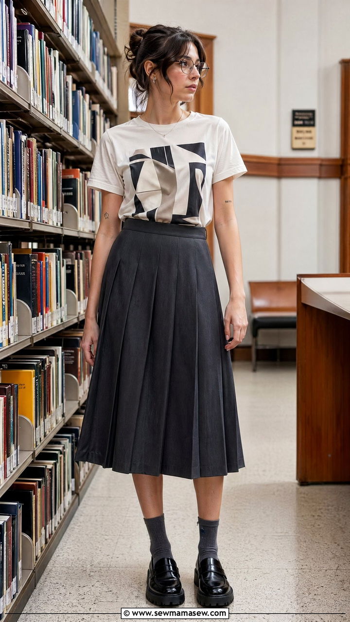 Pleated midi skirt and graphic tee teacher outfit - 35 spring outfits for teachers