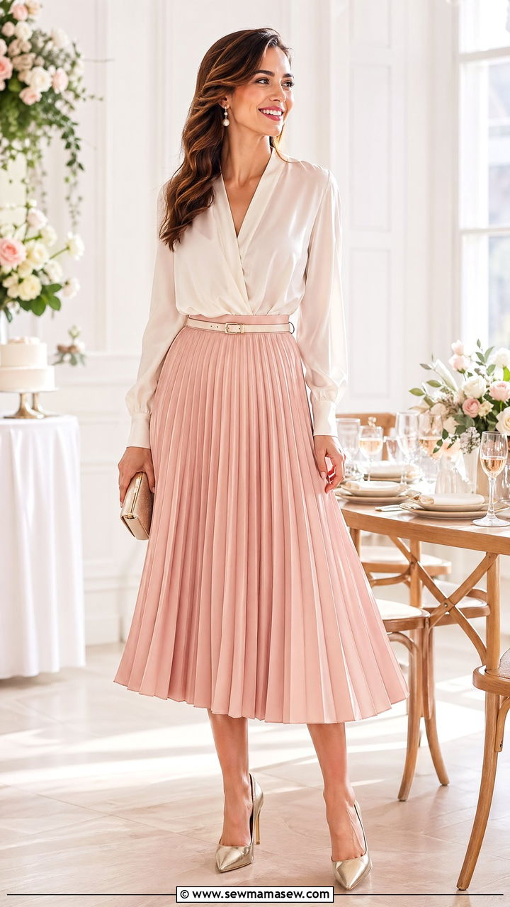 Pleated midi skirt and silk blouse combination - 35 summer bridal shower outfit ideas