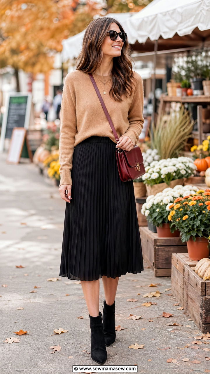 Pleated midi skirt and sweater outfit - 35 shopping outfit ideas for women