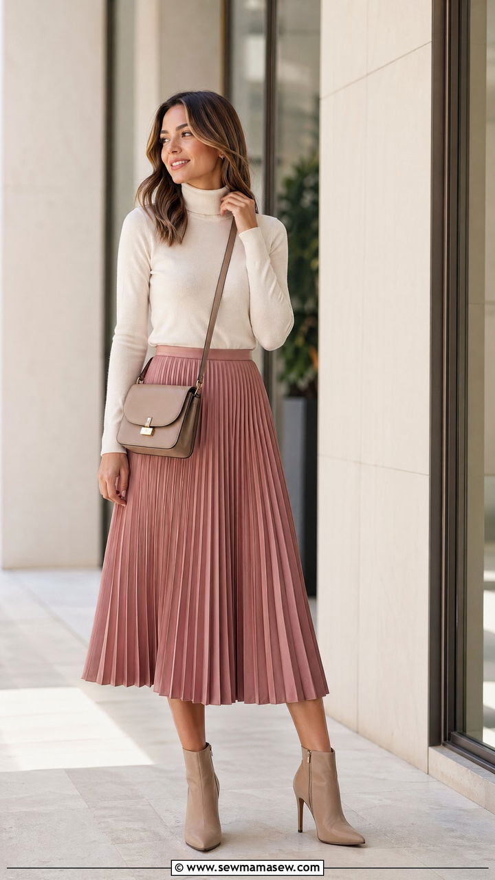 Pleated midi skirt and turtleneck - 35 Spring outfits for working moms