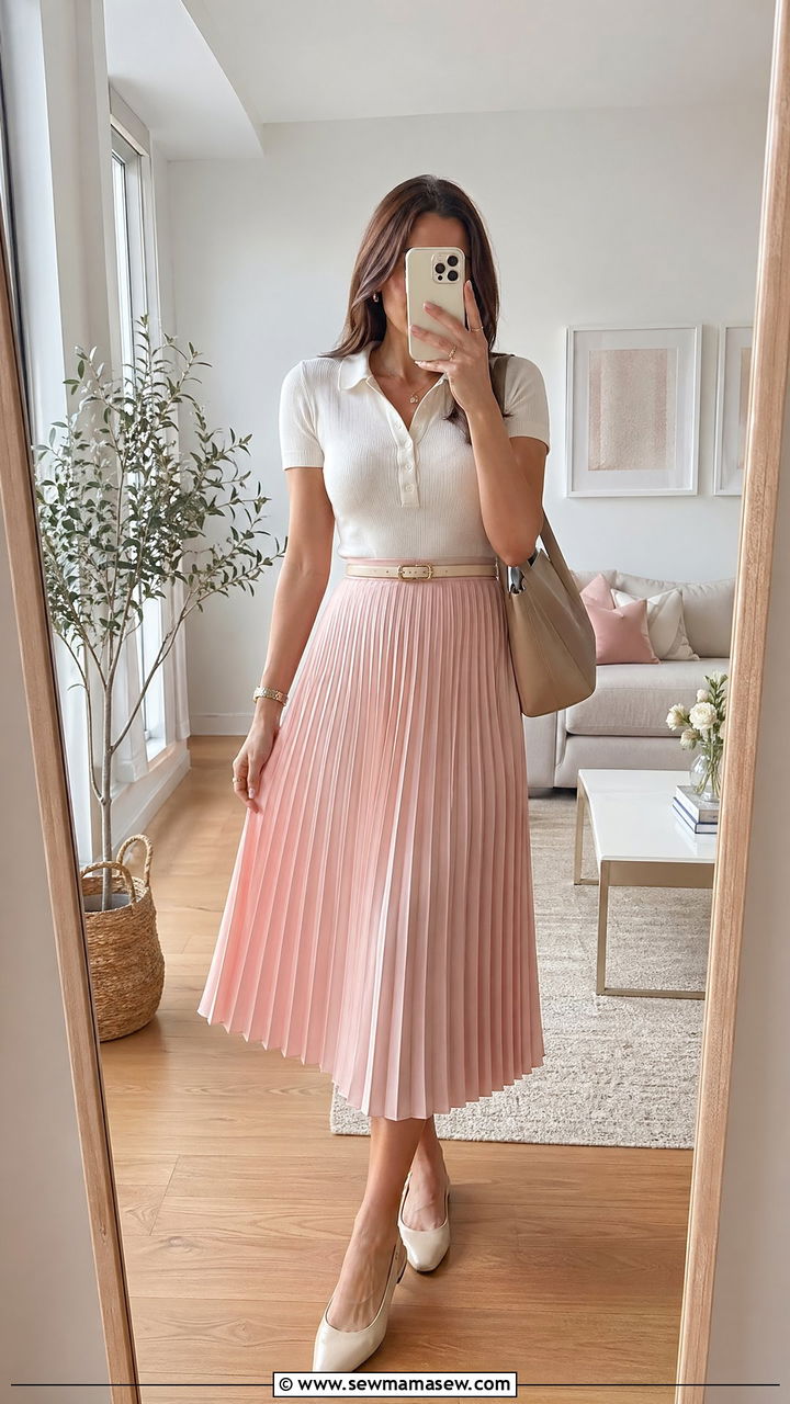 Pleated midi skirt with a fitted polo shirt and slingback flats - 35 Summer business casual outfits for women