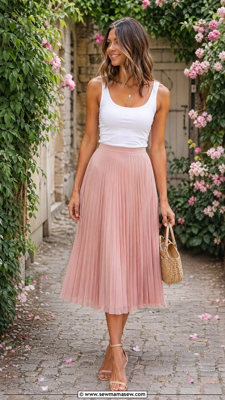 Pleated midi skirt with a fitted tank - 35 summer classy outfit ideas
