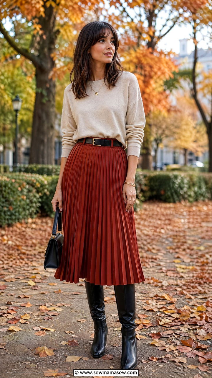 Pleated midi skirt with a lightweight cashmere crewneck - 35 transitional french girl outfit ideas
