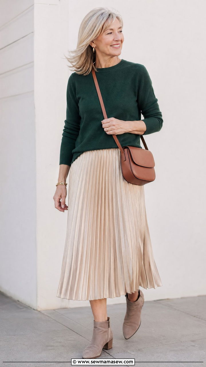 Pleated midi skirt with cashmere sweater - 35 Work outfits for women over 50