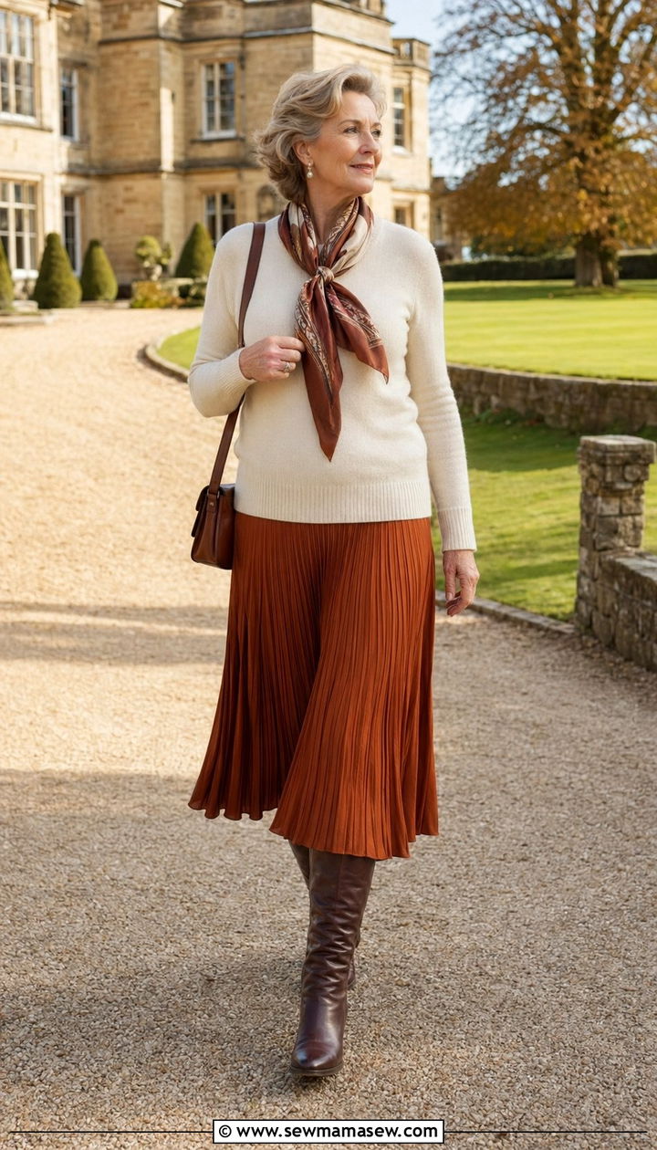 Pleated midi skirt with cashmere sweater and riding boots - 35 Old money outfit ideas for women over 60
