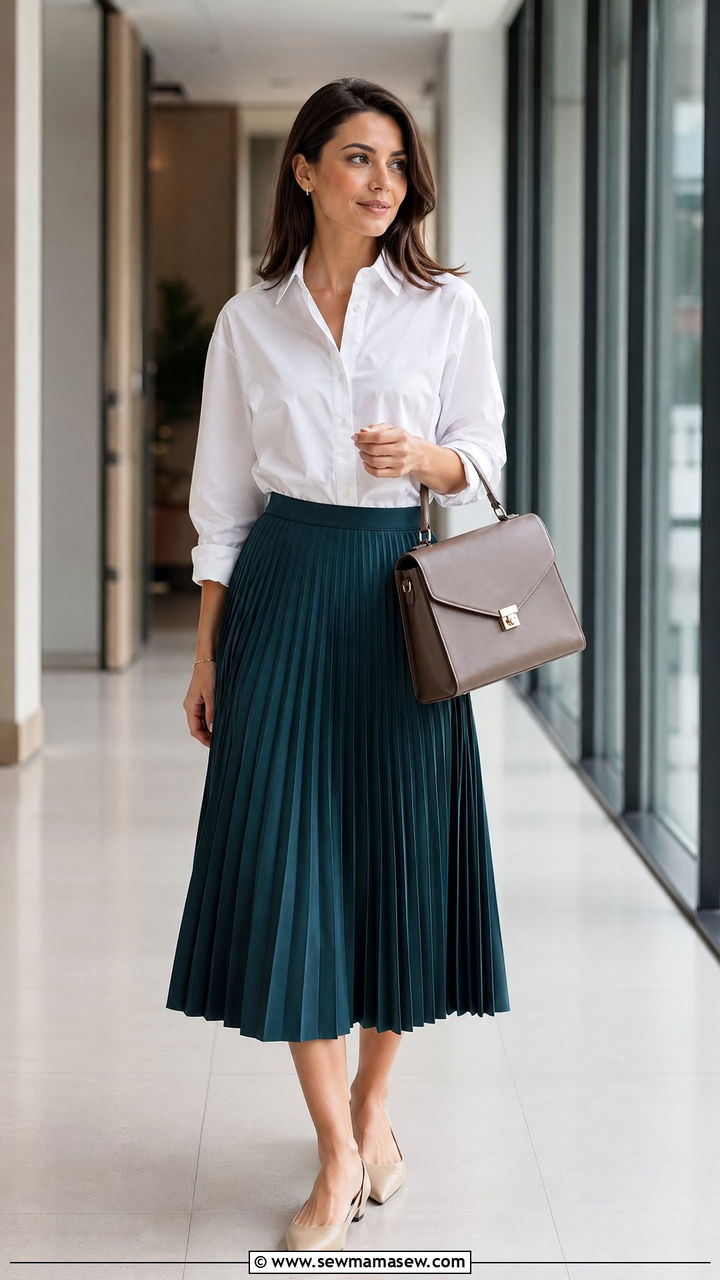 Pleated midi skirt with cotton poplin blouse - 35 Summer office outfits