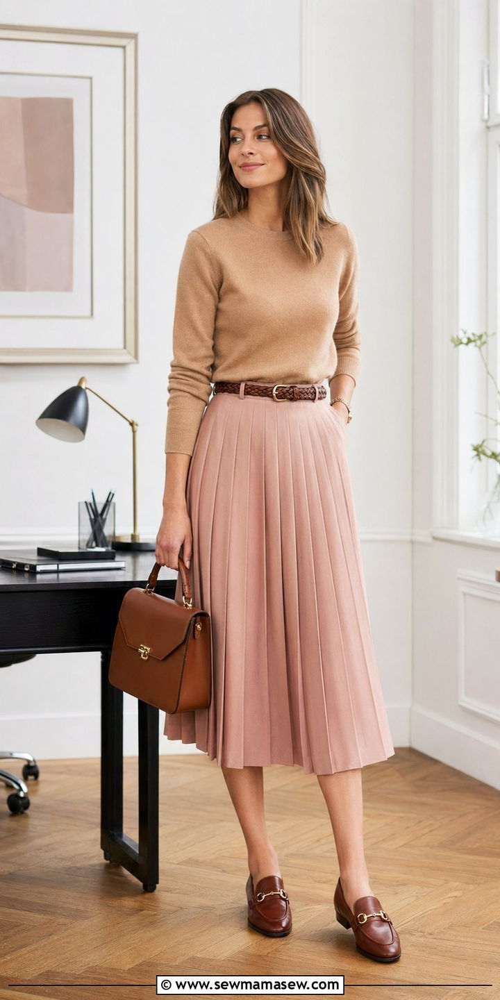 Pleated midi skirt with crewneck sweater and loafers - 35 Office dress code outfit ideas