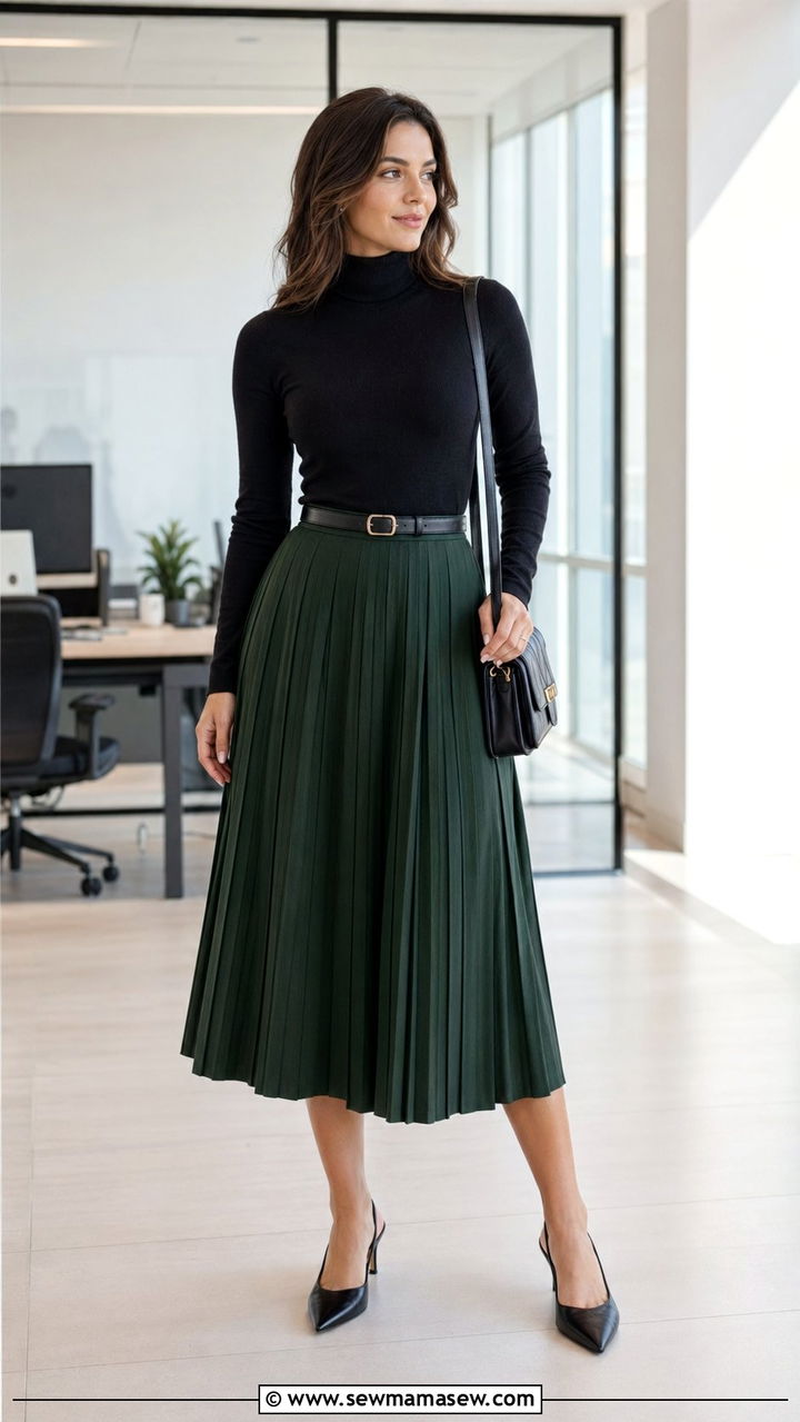 Pleated midi skirt with fine gauge turtleneck and slingbacks - 35 Modest outfit ideas for office