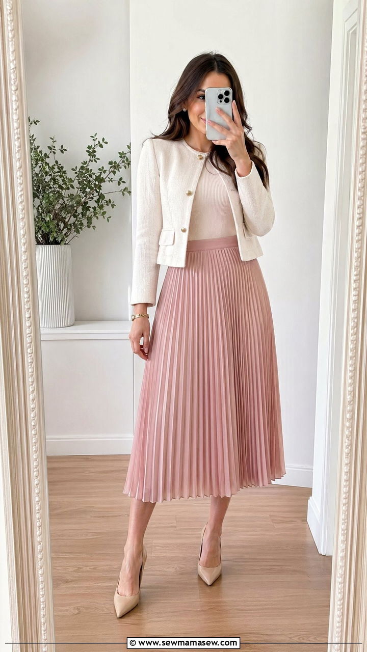 Pleated midi skirt with fitted knit top - 35 spring engagement party outfit ideas