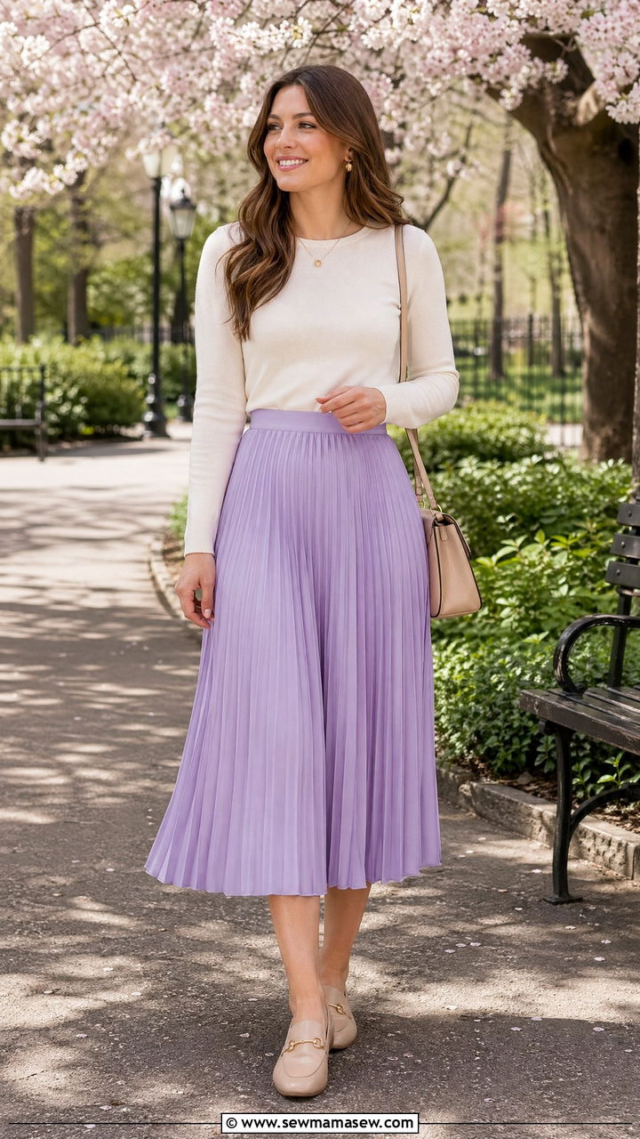 Pleated midi skirt with fitted sweater and loafers - 35 spring easy outfit ideas