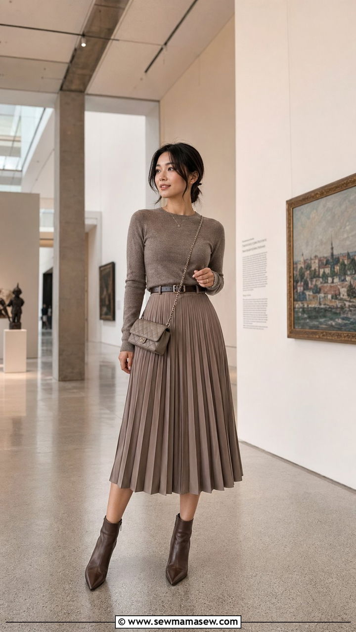 Pleated midi skirt with fitted sweater outfit - 35 Petite outfit ideas hacks