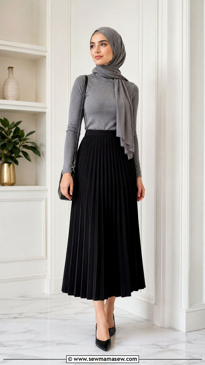 Pleated midi skirt with fitted turtleneck - 35 Modest outfit ideas for hijabis