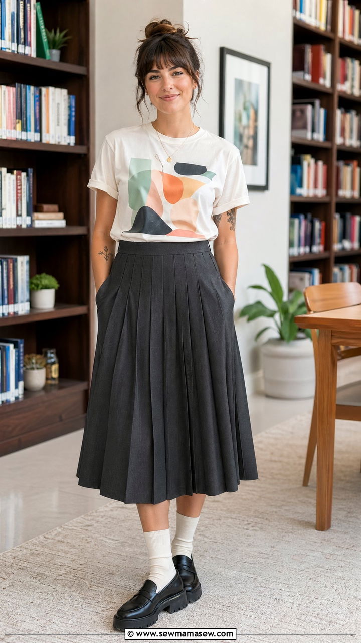 Pleated midi skirt with graphic tee - 35 Teacher outfits for spring