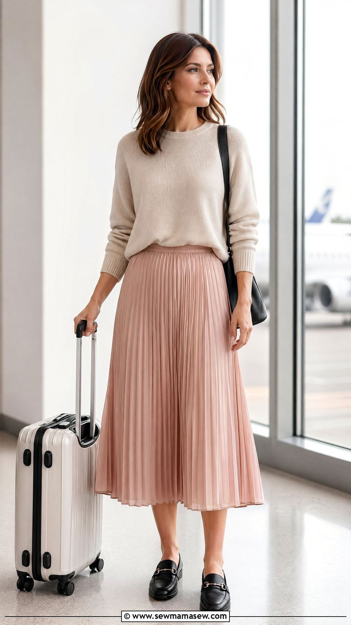 Pleated midi skirt with knit sweater and loafers - 35 classy travel outfit ideas