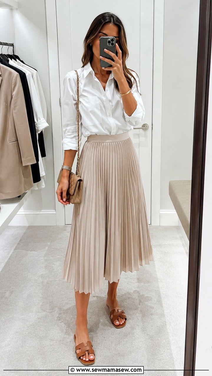 Pleated midi skirt with leather slide sandals - 30 Slide sandal outfit ideas