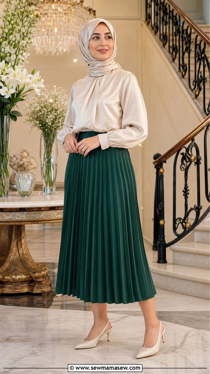 Pleated midi skirt with satin blouse - 35 Modest outfit ideas for Muslim women
