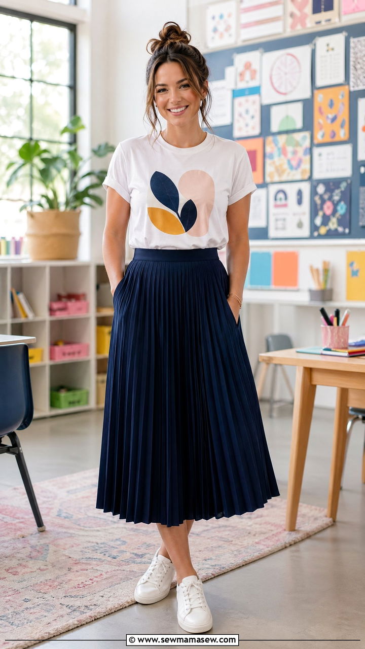 Pleated midi skirt with tucked graphic tee and sneakers - 35 spring teacher outfit ideas