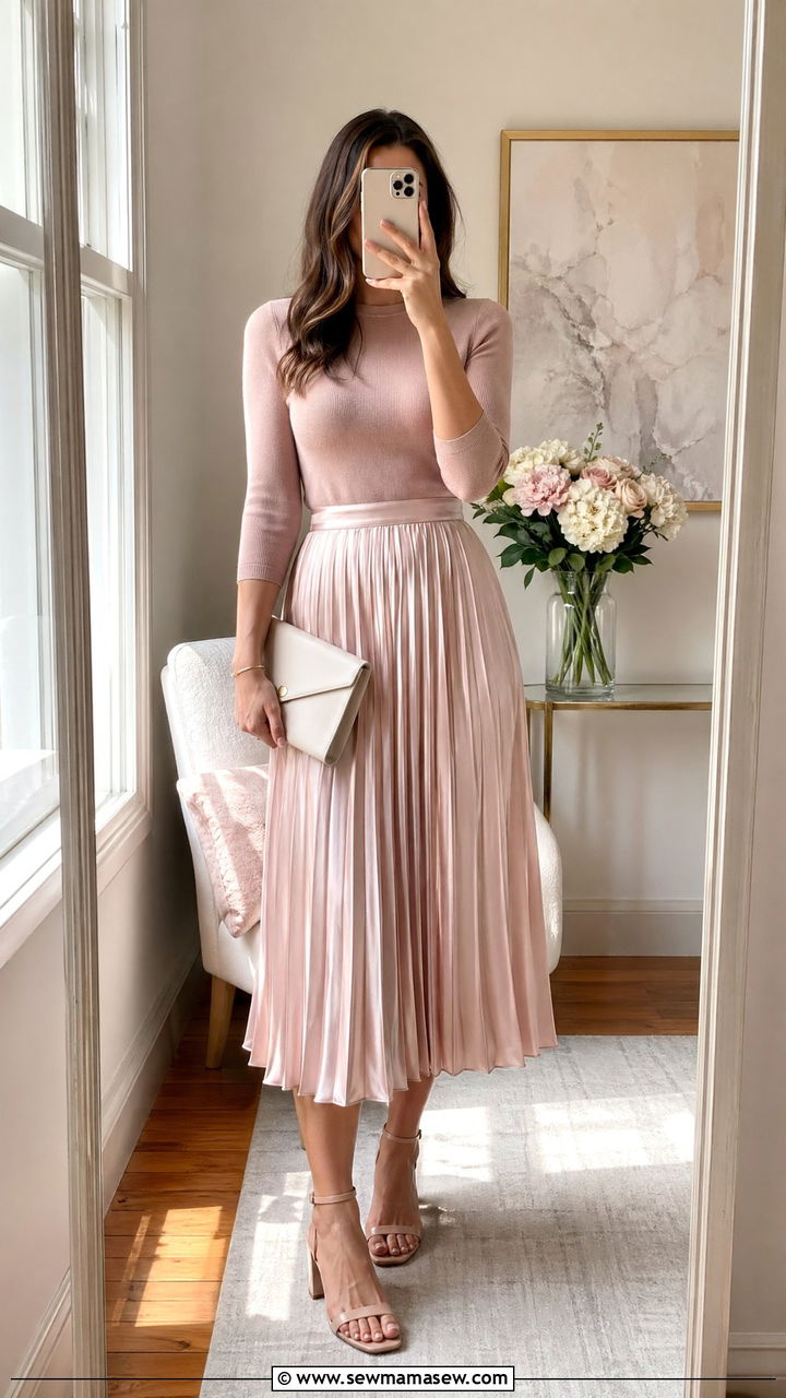 Pleated satin midi skirt with slim knit top interview outfit - 35 spring interview outfit ideas