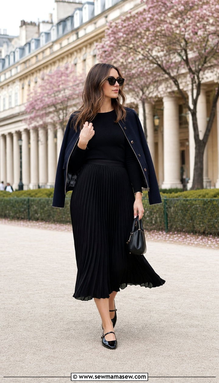 Pleated skirt with a fitted top and Mary Jane shoes - 35 Paris spring outfit ideas