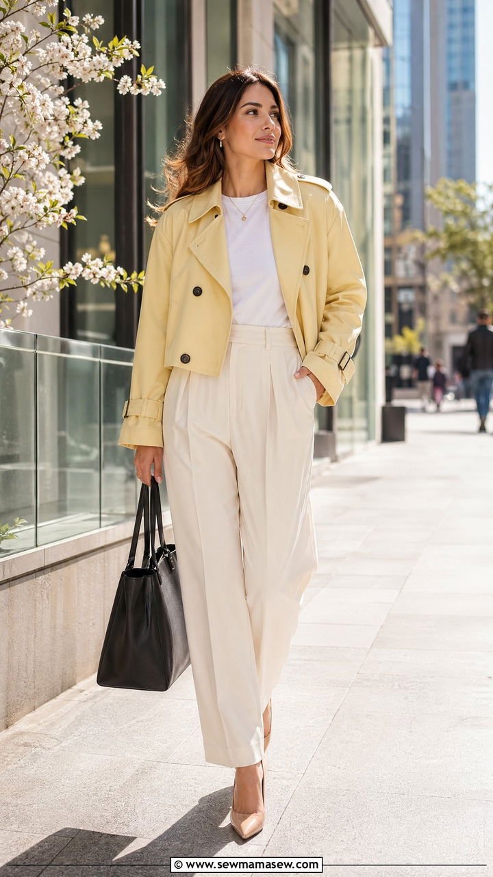 Pleated trousers with cropped trench and heels outfit - 35 classy spring outfit ideas