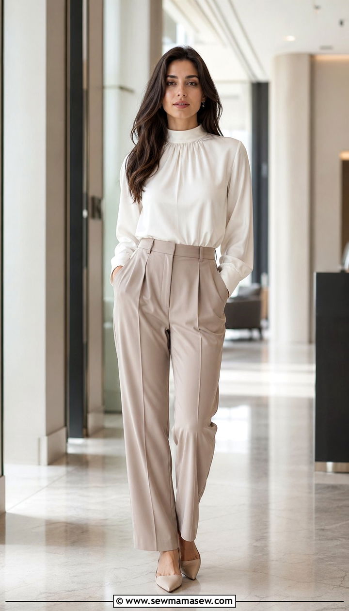 Pleated trousers with silk blouse and pointed flats outfit - 35 Modest work outfit ideas
