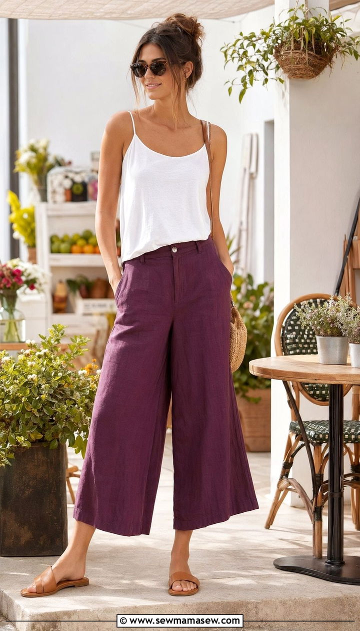 Plum Linen Culottes Outfit - 35 Moody summer outfit ideas