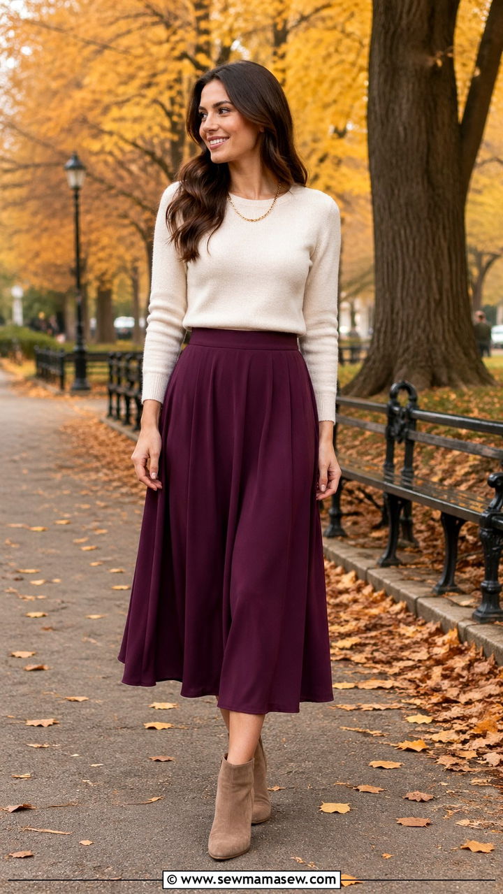 Plum Skirt with Cream Sweater Outfit - 40 All plum outfit ideas