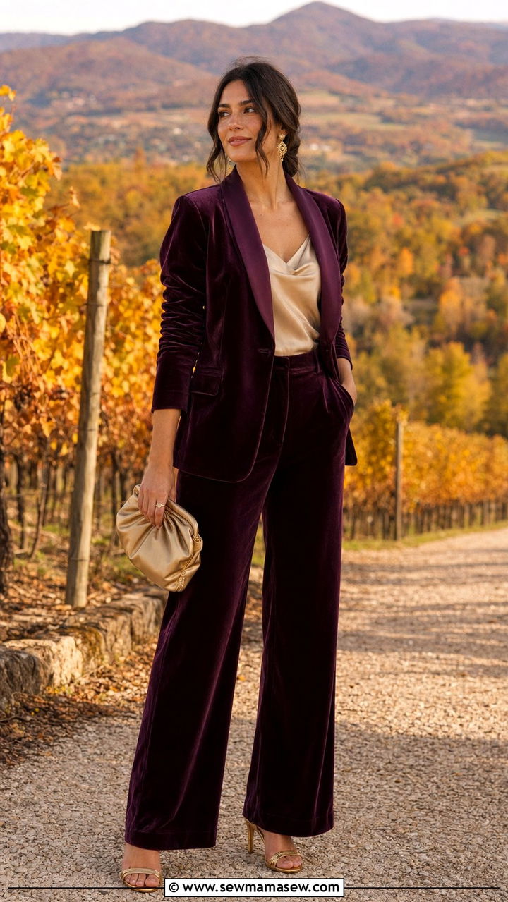 Plum Velvet Pantsuit - 30 Wedding guest outfits for mom