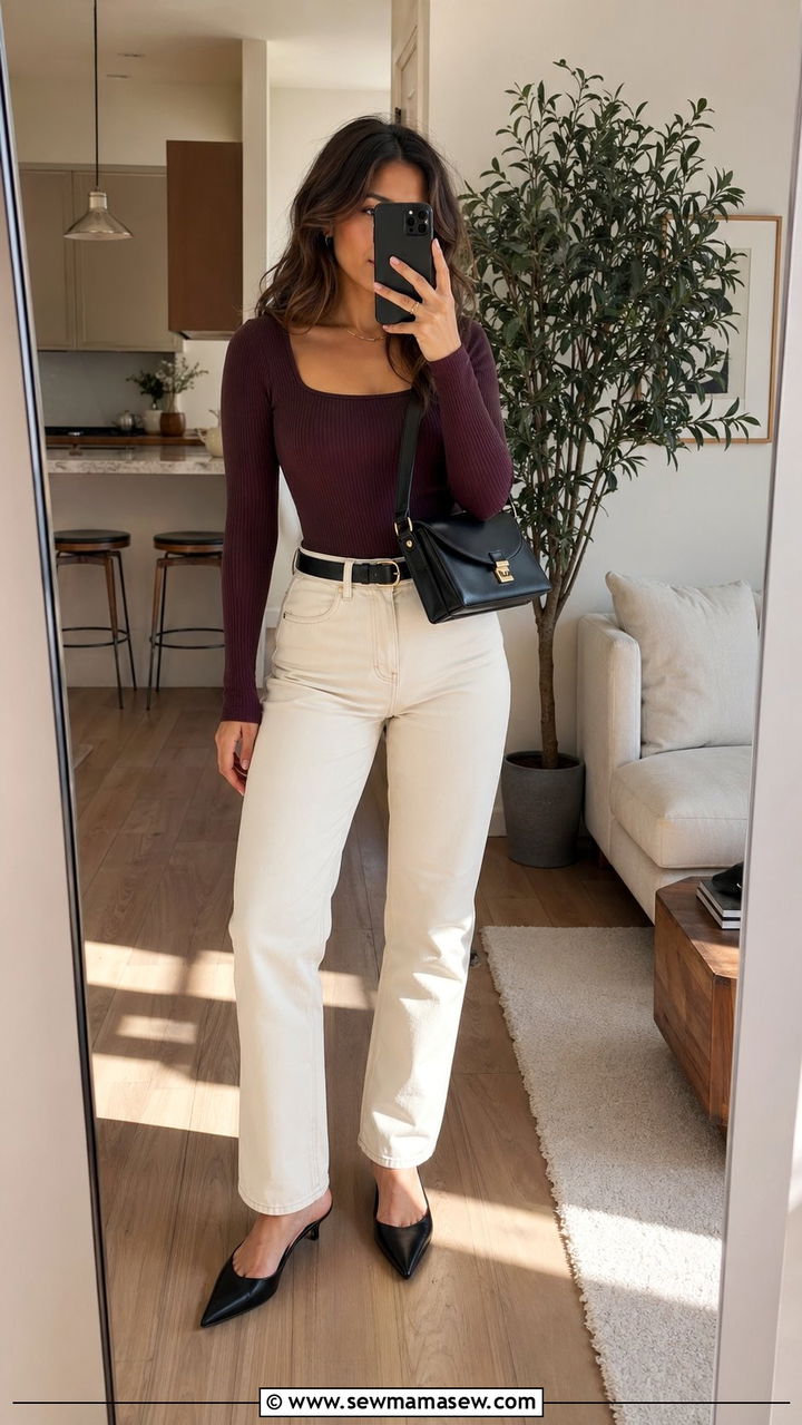 Plum bodysuit with high waisted jeans outfit - 35 Plum outfit ideas