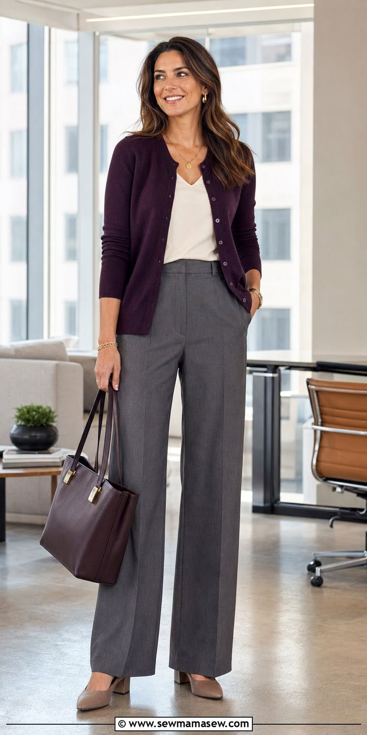 Plum cardigan with trousers outfit - 35 Plum outfit ideas
